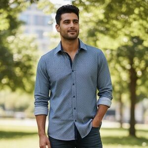 Men’s Blue Geometric Pattern Long Sleeve Shirt – Size Medium, Button-Up